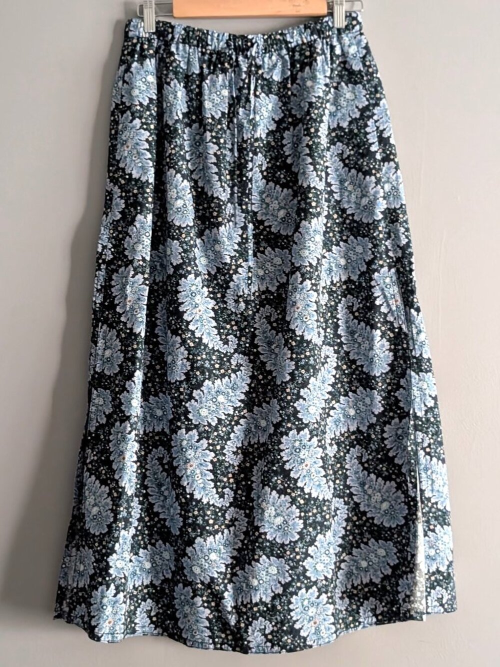 J.Crew Collection Blue Paisley Cotton Maxi Skirt Side Slits Pockets Size S